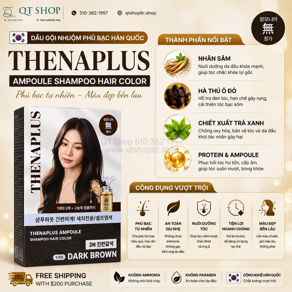 Gội nhuộm phủ bạc Hàn Quốc - Màu Dark Brown - 5 gói - THENAPLUS Ampoule Shampoo Hair Color