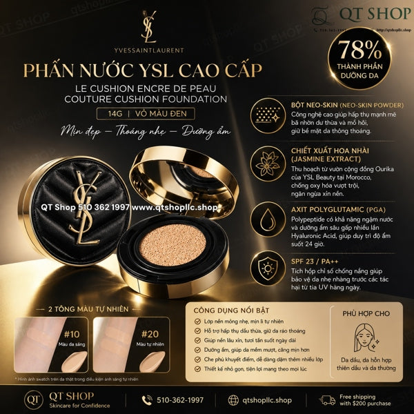 YSL - Le Cushion Encre De Peau Couture Cushion Foundation #20 Tông Tự Nhiên - 14g ( Vỏ Màu Đen)