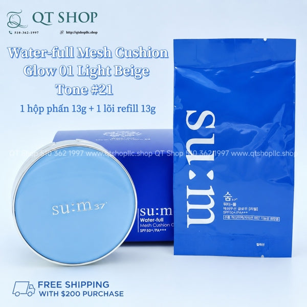 SUM37 - Cushion Sum Xanh Tông #21 - Water-full Mesh Cushion Glow 01 Light Beige - 13g + 1 lõi refill 13g - EXP 202903